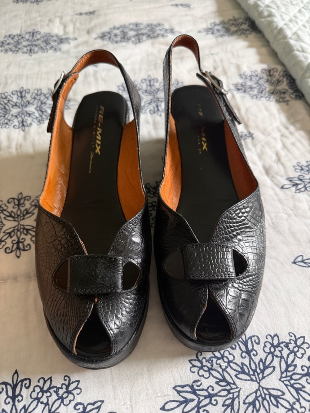 Re-Mix Black Croc-Embossed Peep-Toe Slingback Mules